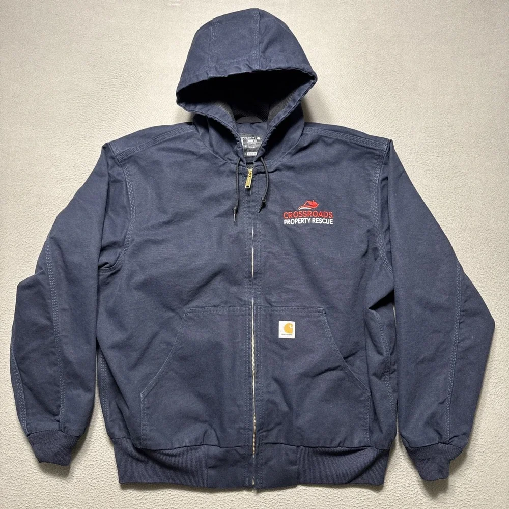 Carhartt Jacket Men XL Blue Loose Firm Duck Canvas Thermal Lined Hooded Workwear